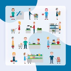 People in supermarket with shopping carts and baskets set isolated vector illustration