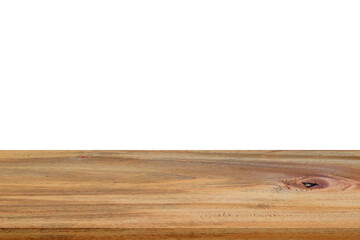Empty long counter wooden table top on vintage style for put object or product, furniture for decor on interior, isolated on white background