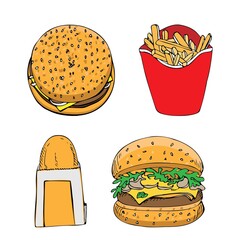 set of fast food fries fries burger cheeseburger potato pancakes