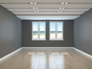 Empty Interior with a Sea View, Grey Walls, Two windows, Light Parquet and White Plinth with Work Path on Windows. 3D rendering, 7680x5760 
