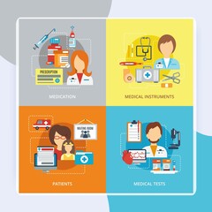 Doctor design concepts set with medical instruments medication tested patients flat icons isolated vector illustration