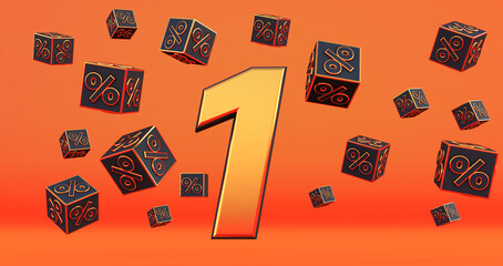 gold one 1 percent number with Black cubes  percentages fly on a orange background. 3D render