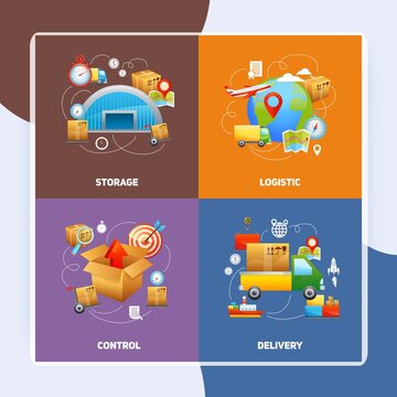 Logistics design concept set with storage delivery and control flat icons isolated vector illustration