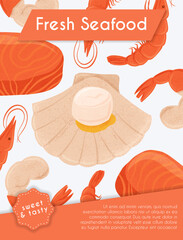 Fresh tasty seafood scallop, tuna steak and shrimp vector hand drawn banner concept with space for text.