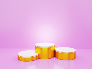 Three golden podiums set on the floor and pink wall Abstract 3D rendering background, platform for placing merchandise and awards on a modern website.