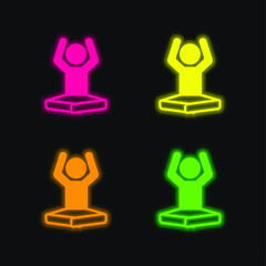 Boy On Lotus Position Flexing Arms four color glowing neon vector icon