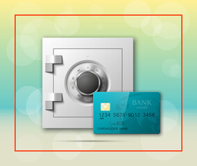 Credit card & Electronic lock picture. Bank door card & image combination lock front side banner. Plastic card & steel safe. Debit card & electromagnetic locking devices chip. Online payment banner