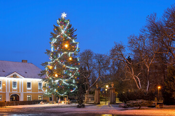 Christmas tree in the night. Postoloprty town. Czech Republic.