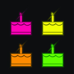Birthday Cake With One Candle four color glowing neon vector icon