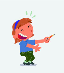  cartoon character of little girl on jeans doubts while pointing with a pencil
