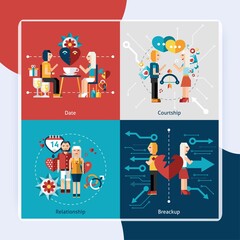Dating flat icon set with courtship relationship breakup isolated vector illustration