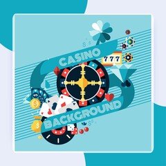 Casino gambling game of fortune background with roulette wheel and chips vector illustration