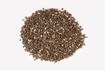 Chia seeds isolated with white background. Pile of healthy chia seeds background.