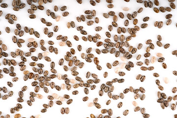 Chia seeds isolated with white background. Pile of healthy chia seeds background.