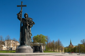 Fototapeta na wymiar Monument to the Holy Equal-to-the-Apostles Prince Vladimir Svyatoslavich, the Baptist of Russia installed on Manezhnaya Street, near the walls of the Moscow Kremlin