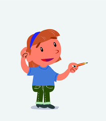 cartoon character of little girl on jeans says something funny while pointing to the side with a pencil.