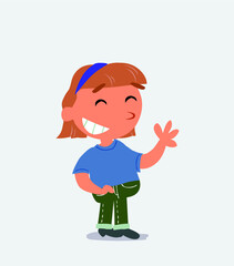  cartoon character of little girl on jeans waving informally while smiling