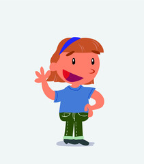  cartoon character of little girl on jeans waving while smiling.