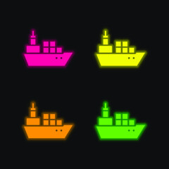 Naklejka premium Boat With Containers four color glowing neon vector icon