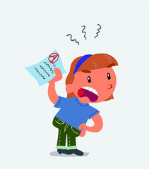 funny cartoon character of little girl on jeans doubting.