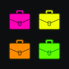 Briefcase four color glowing neon vector icon