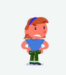 Surprised cartoon character of little girl on jeans points to something to his side