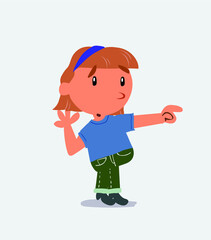 Surprised cartoon character of little girl on jeans points to something