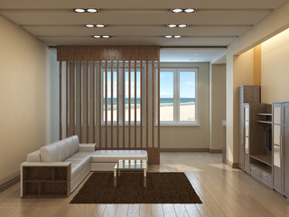 Modern Living Room with Sea View, with Beige Walls, Brown Carpet, Glass Table and Wooden Lattice in Front of the Window, Light Parquet Floor with Work Path on Windows. 3D rendering, 7680x5760  