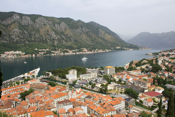 Panoramic view of the city and bay on the summer day. Kotor. Montenegro.