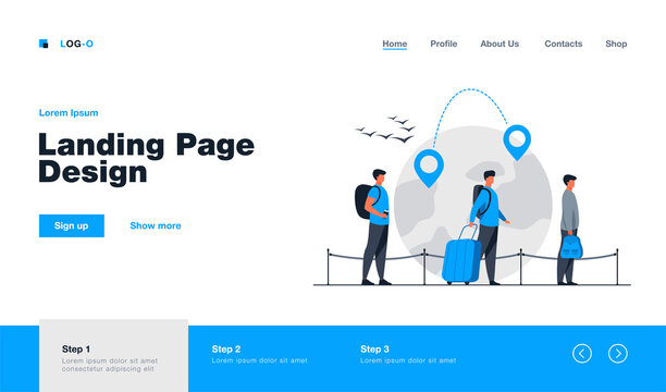 Queue of immigrants standing and holding luggage, waiting departure in airport. Group of tourists with globe, map pointers and destination line in background. For travel or immigration concept