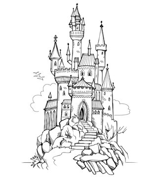 Fantasy illustration of medieval castle. Fairyland kingdom. Black and white page for coloring book. Worksheet for drawing and meditation for children and adults. Ancient architecture.