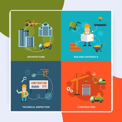 Construction flat icons set with building materials architecture technical inspection isolated vector illustration
