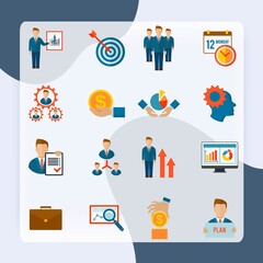 Management company strategy optimization business team icon flat set isolated vector illustration