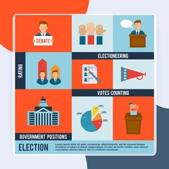 Election votes counting debate and rating icon flat set isolated vector illustration