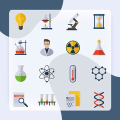 Chemistry icon flat set with scientist atom molecule dna isolated vector illustration