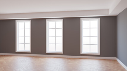 Beautiful Empty Interior with Grey Walls, Three Large Windows, Light Parquet Floor and a white Plinth with Work Path on Windows. 3D rendering. Ultra HD 8K 7680x4320