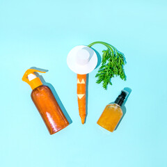 A carrot that turned black on the beach in a bathing suit, with a hat. Sunscreens. Enjoying your summer with a copper tan.