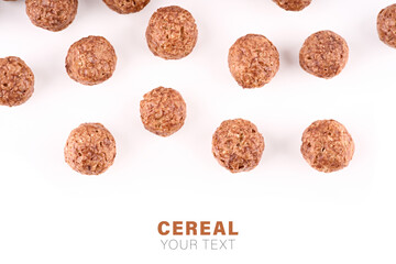 Variety of cold cereals, quick breakfast for kids overhead shot. Quick breakfast. Chocolate balls isolated on a white background. 