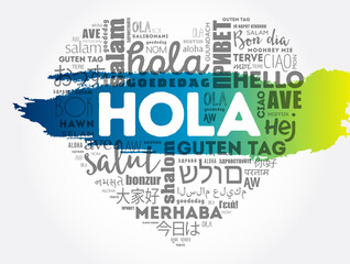 Hola (Hello Greeting in Spanish) love heart word cloud in different languages of the world