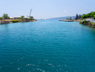Panoramic view from the immersion bridge in Isthmia to the Entrance to the Corinth Canal from the...
