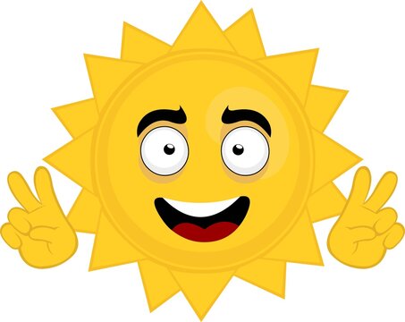 Vector illustration of cartoon character emoticon of the sun making a gesture with his hands of the symbol of love and peace or victory v