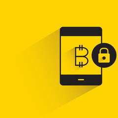 bitcoin smartphone and lock key icon with shadow on yellow background