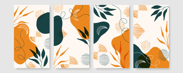 Fototapeta premium Tropical boho themed banners set. Creative compositions of colorful palm leaves and branches. Floral geometric design template for posters, covers, social media stories. Flat style vector illustration