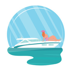 Speed yacht with body positive woman in sea, ocean. Summer vacation seaside concept. Vector stock illustration isolated for advertisement beach party or travel agency, yachting club, marine.