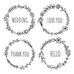 Set of black doodle round frames, vignettes for bullet journal, notebook, diary, and planner isolated on white background. Hand-drawn wreaths with space for your text 