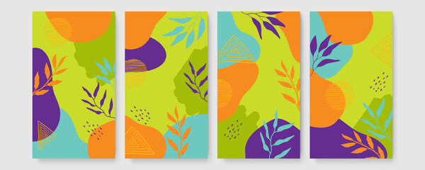 Fototapeta na wymiar Social media stories and post creative Vector set. Background template with copy space for text and images design by abstract colored shapes, line arts , Tropical leaves warm color of the earth tone