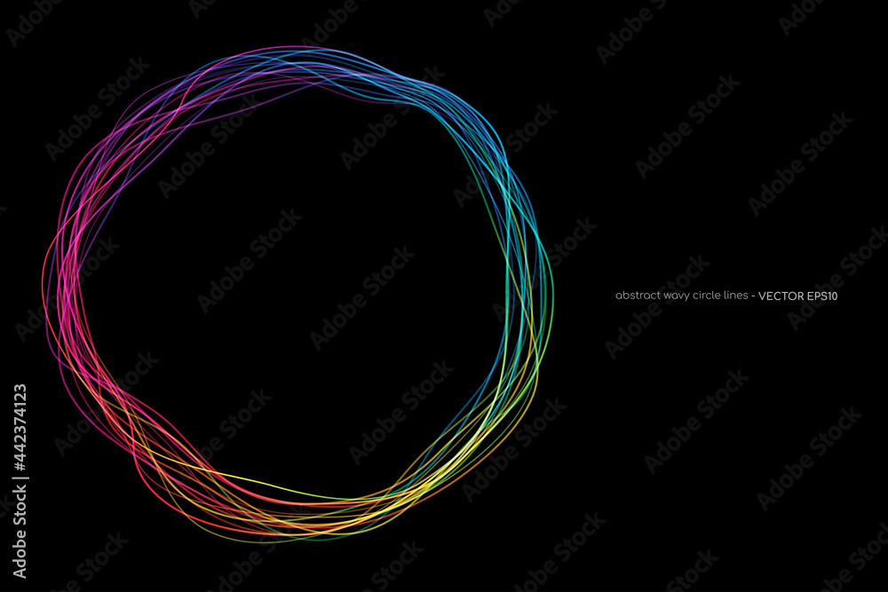 Fototapete Vector abstract circles light lines wave round frame colorful rainbow isolated on black background with empty space for text in concept technology, science, music.