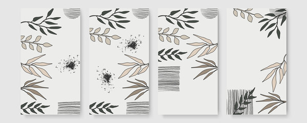 Fototapeta na wymiar Vector design templates in simple modern style with copy space for text, flowers and leaves - wedding invitation backgrounds and frames, social media stories wallpapers 