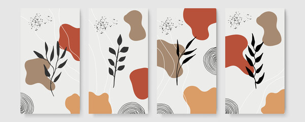 Vector design templates in simple modern style with copy space for text, flowers and leaves - wedding invitation backgrounds and frames, social media stories wallpapers
