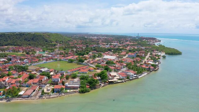 Drone flight over Conchas beach in Barra de S&atilde;o Miguel, Alagoas, Brazil